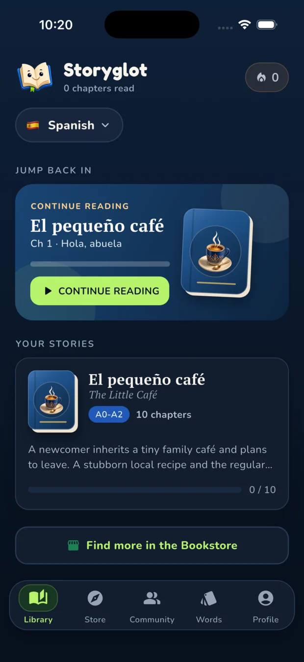 Storyglot library with a continue-reading card and a Spanish beginner story