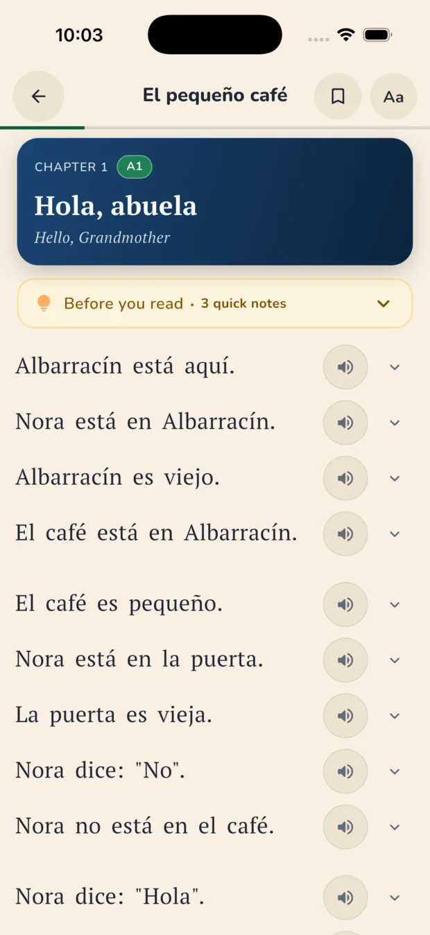 The current Storyglot reader showing the first chapter of a beginner Spanish story