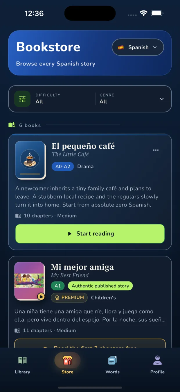 Storyglot bookstore with filters for language level, length, and genre
