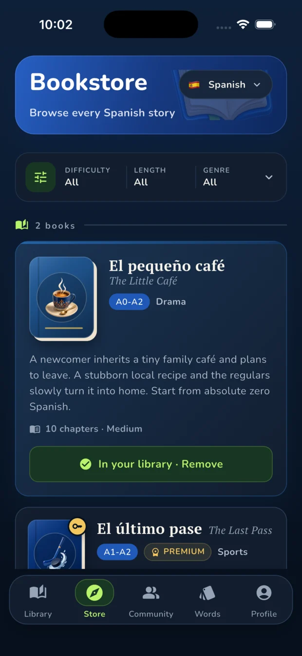 Storyglot bookstore with filters for difficulty, length, and genre