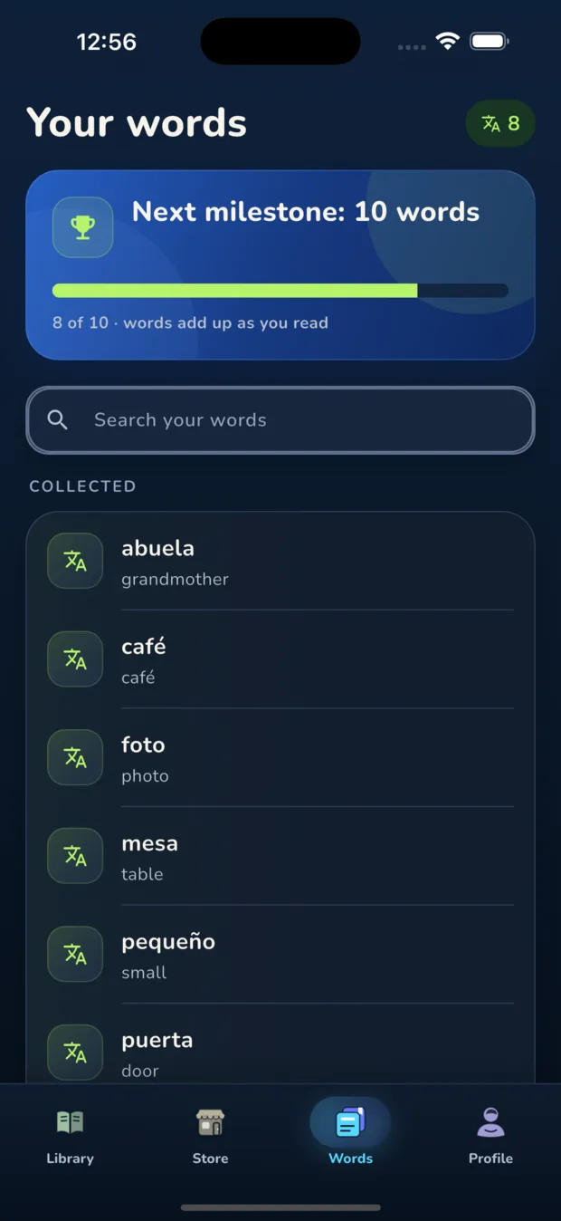 Storyglot saved words screen showing vocabulary collected while reading