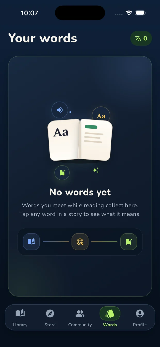 Storyglot saved words screen with the current midnight library design